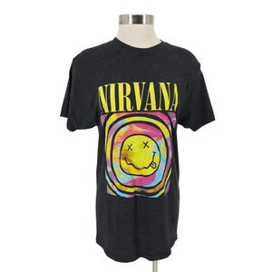 Nirvana Nevermind Shirt Top Gray Smiley Logo Short Sleeve 90s Band Tee